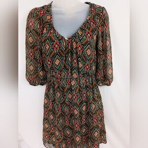 Christmas Western Tribal Aztec Bohemian Geometric Print Dress Red Green Sz Small